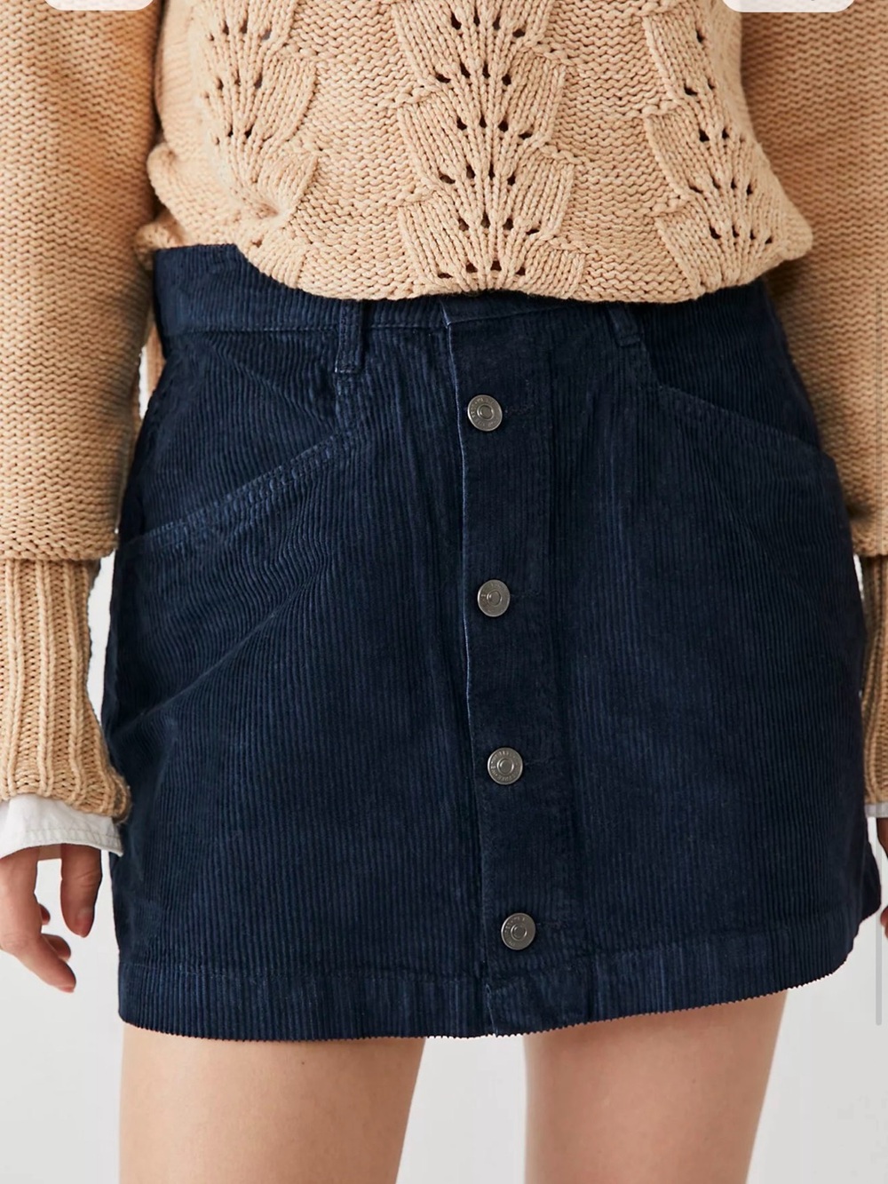 Free People Navy Corduroy Button Mini Skirt